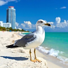 Obraz premium Seagull stands on a sandy beach with turquoise ocean and cityscape backdrop, sunny day