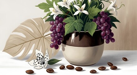 Beautiful floral arrangement with grapes coffee beans and decorative leaf