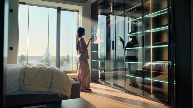 Smart wardrobe sorting clothes virtual reality mirror interface artificial intelligence personal fashion futuristic style