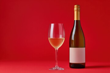 Obraz premium White wine bottle and glass on vibrant red background