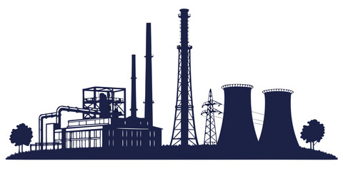 Silhouette of industrial buildings and power generation infrastructure