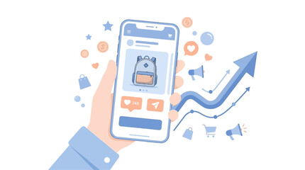 Social Media Marketing: A hand holds a phone with a social media post, featuring a backpack, surrounded by elements symbolizing growth and engagement in digital marketing.