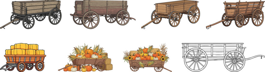 Vintage Farm Wagon Vector Set – Wooden Carts, Harvest Wagons & Rustic Clipart © Vectify Crafts