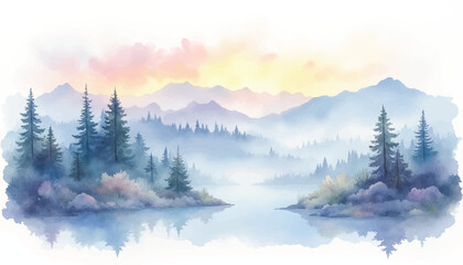 Obraz premium Serene mountain lake with pine trees.