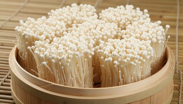 Close-up of fresh, vibrant enoki mushrooms clustered tightly in a bamboo steamer, ready for culinary preparation.