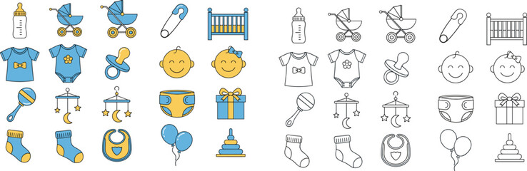 Fototapeta premium Cute Baby Icon Set Vector Illustration with Newborn Items, Toys, Clothing, and Nursery Symbols for Parenting Apps, Invitations, Prints, and UI Design