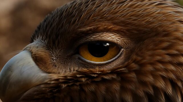 Close-up of a majestic golden eagle's eye and beak, showcasing intricate brown feathers and sharp vision