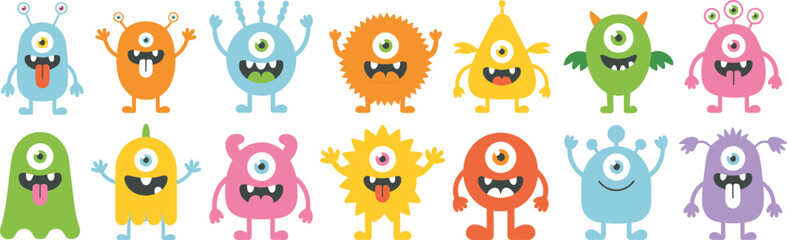 Cartoon monster character collection colorful one eyed creature design funny alien illustration playful fantasy artwork children graphic flat vector