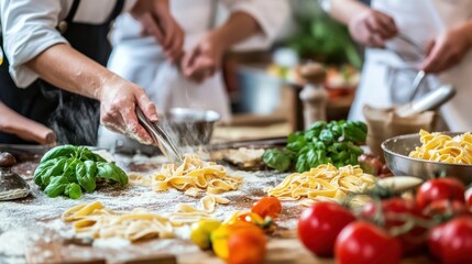 Obraz premium Chefs preparing pasta