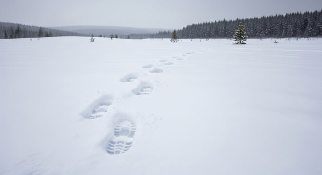 Footprints in Fresh Snow Leading Towards Distant Forest