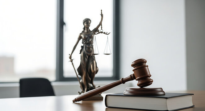 Wooden gavel on law book with lady justice statue in background symbolizing legal system and ethics