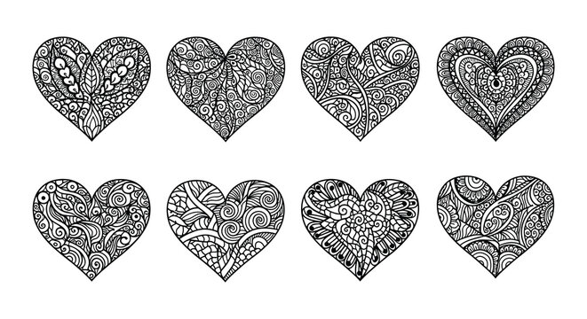 Intricate black and white heart designs arranged in two rows