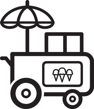 Classic Ice Cream Push Cart with Umbrella and Cone Icon Sign, Representing Summer Treats and Mobile Vending Businesses