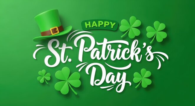 Happy st patricks day celebration with shamrocks and hat on green background