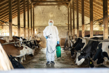A worker dons protective clothing while spraying a disinfectant to maintain a safe barn environment. © Dejan