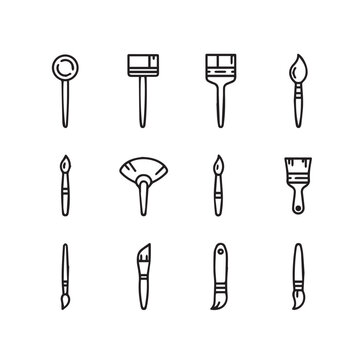 Collection of assorted paint brushes and art tools in a simple line icon set
