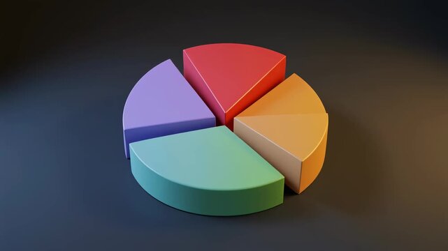 Colorful 3D Pie Chart with Five Segments on Dark animated Background graph data