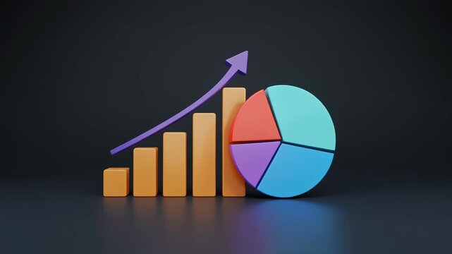 3D Bar Chart and Pie Chart with Upward Arrow on Dark animated Background graph data