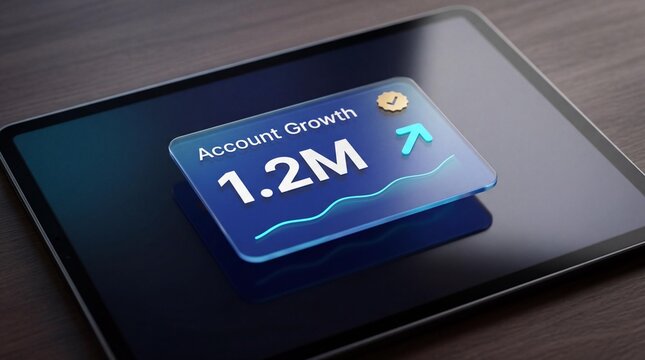 Tablet screen displaying account growth graph with 12m milestone on dark wood desk
