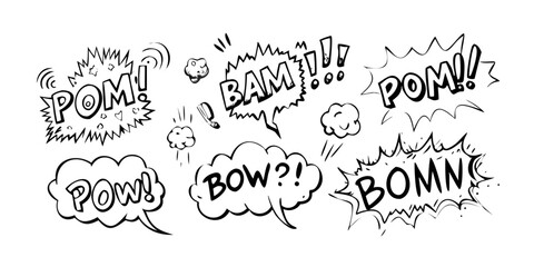 A collection of comic book sound effect words in various speech bubbles © AC