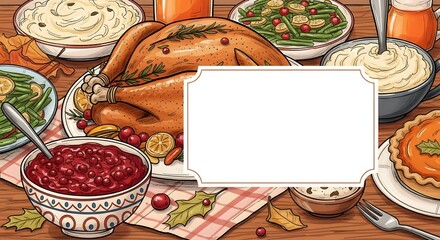 A festive thanksgiving dinner spread featuring a golden-brown roasted turkey and various side dishes