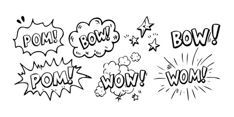 A collection of various comic book sound effect words in bold, black font. © AC