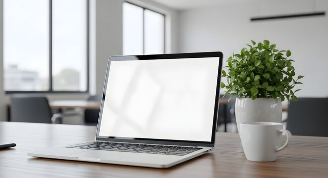 A modern laptop sits on a wooden desk with a potted plant and a white cup
