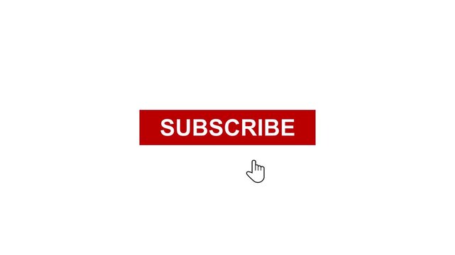 A bright red 'Subscribe' button against a clean white background, with a cursor hovering over it, symbolizing online interaction and content engagement.