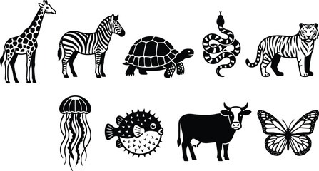 Detailed Animal Illustration Set with Giraffe Zebra Turtle Snake Tiger Jellyfish Puffer Fish Cow and Butterfly Vector © Heyyy