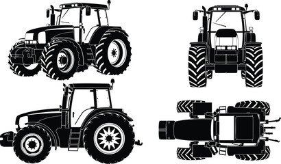 Farm Tractor Detailed Vector Illustration with Front Side and Top Views Agricultural Machinery Isolated on White Background © Ideasy Mind
