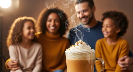 Obraz premium A happy family enjoying a warm, frothy beverage on a cozy autumn evening together
