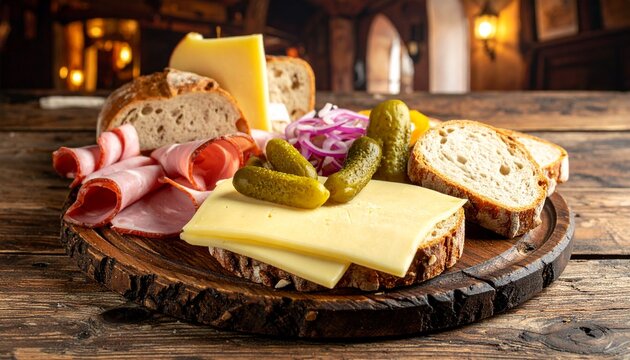 Traditional Ploughman's lunch spread on wooden board, crusty bread slices, chunk of cheddar cheese, pickled onions, Branston pickle, cold ham slices, fresh apple wedge, rustic English pub meal