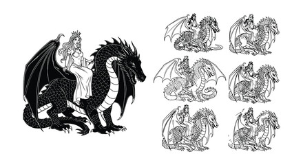 Fototapeta premium Line art illustration of various dragons and winged creatures with riders