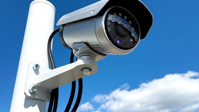 Surveillance camera on pole against sky