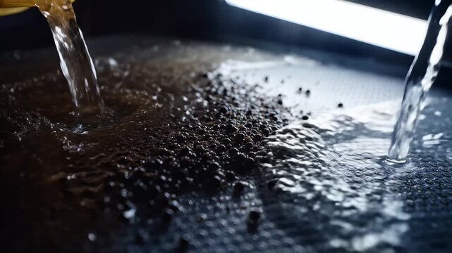 Dynamic close-up shot of black pepper and impurities being washed away by water on a textured surface, symbolizing purification, cleaning