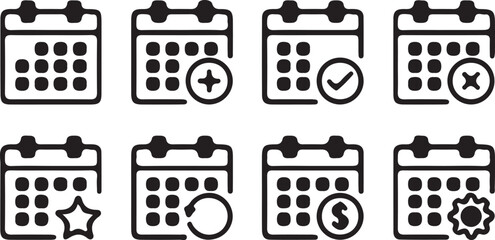 calendar, date, schedule, planning, event, appointment, reminder, icon, set, collection, graphic, design, element, add, plus, circle, check, tick, mark, cross, delete, star, favorite, refresh, reload, © Mahima