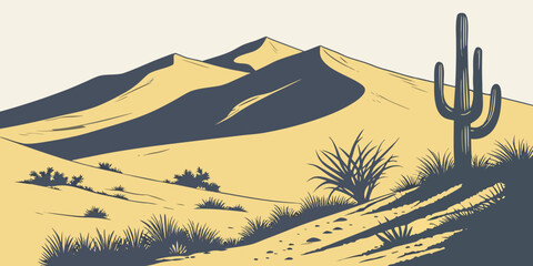 A single cactus stands tall in the vast expanse of a desert landscape under a clear sky © AE