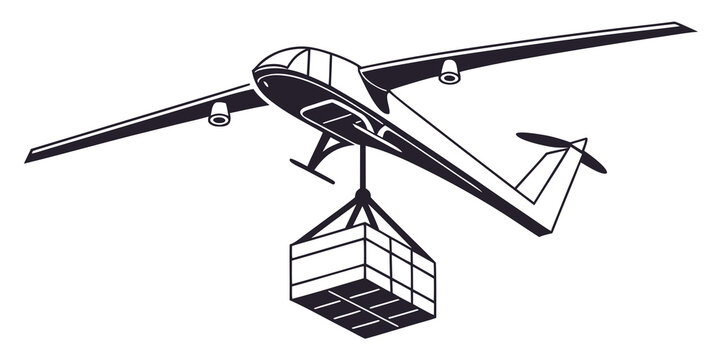 A futuristic drone with a modular payload system in mid-flight.