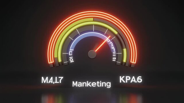 Glowing Marketing KPI Dashboard Gauge with Numerical Data and Neon Accents meter animated