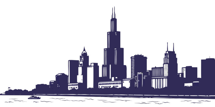 A detailed illustration of the chicago skyline against a clear sky