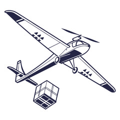 Vintage biplane with a package attached, flying through the sky © AE