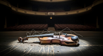 A Broken Violin Lies on a Dusty Theatre Stage