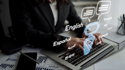 Global communication with multiple languages, digital translation tools, multilingual technology, cross-cultural communication, and virtual language learning environments. Muxer © InfiniteFlow