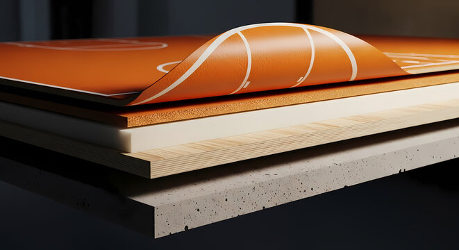 Technical cross-section view of professional basketball court flooring revealing multiple material layers including orange surface with court markings, foam underlayment, wooden subfloor, and concrete