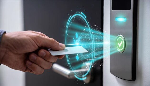 Zero trust security cyber access control door lock with hologram authentication smart card reader digital safety identity verification contactless key network protection modern secure office entry