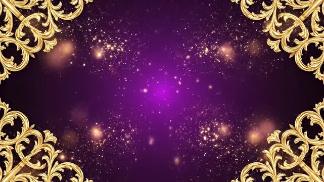 Luxurious Golden Baroque Ornate Frame on a Sparkling Purple Background with Glittering Lights