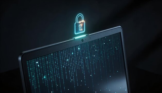 Cyber security zero trust data protection digital lock online privacy firewall encryption glowing padlock icon over laptop webcam access control modern technology cyber security lock zero trust data