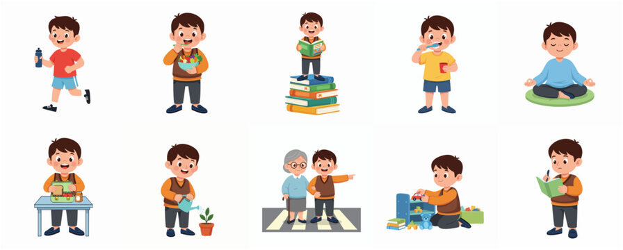 Cute Flat Illustration of Boy in Various Daily Activities Set Character