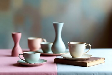 Fototapeta premium Artistic Ceramic Teacups and Vases: Pastel Colored Still Life Tableware for Modern Home Decor and Kitchenware Styling Photography