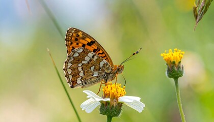 Obraz premium Close-up of a beautiful butterfly on a flower in a field.